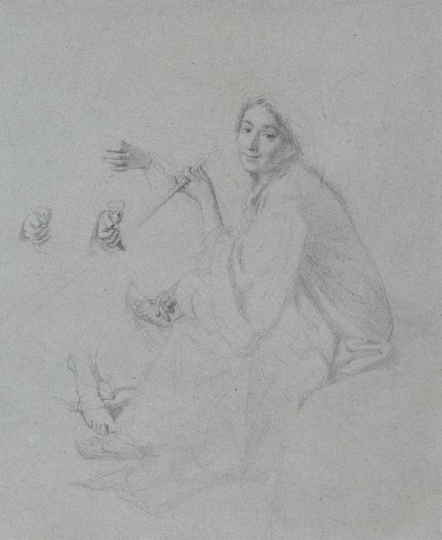 Seated figure of a woman with sketches of hands and feet