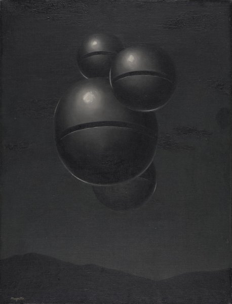 Four dark gray spheres of varying sizes, grouped tightly together, float in a dark gray sky above the black silhouettes of mountains. White circular highlights on the top halves of three of the spheres suggest a distant light source. The spheres appear to be made of metal, and the smooth surface of each sphere is only interrupted by a deep black cut along its equator.