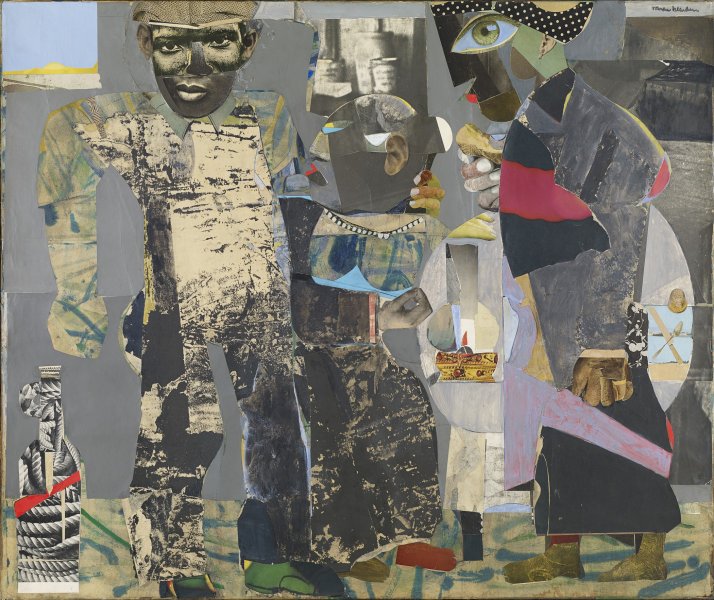 Fragments of printed images are collaged together and supplemented with areas of paint to shape the three figures that dominate this composition. The face of the left-most figure is the best defined; he stares back at the viewer, and his lips are twisted upward in a wry grin. With his left arm, he pulls the shorter figure at center toward him in an embrace. From the right edge of the canvas, a third figure appears in profile carrying a candle lamp.