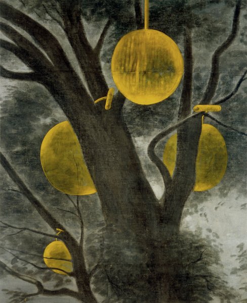 This vertically oriented painting features portions of a dark tree trunk, branches, and leaves set against patches of light gray sky. Hanging from select branches are four large yellow orbs resembling suns or planets. T-shaped fasteners connect these hanging shapes to the tree.