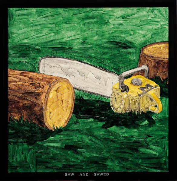 A chainsaw with a long, gray rounded blade and yellow motor marked with the letter M just above its handle rests in a field of dark green brushstrokes evocative of thick grass between a section of newly cut tree trunk is lying on its side on the left and a short, brown tree stump on the right. A black border runs around the image, and the words SAW AND SAWED appear in white capital letters at bottom center.