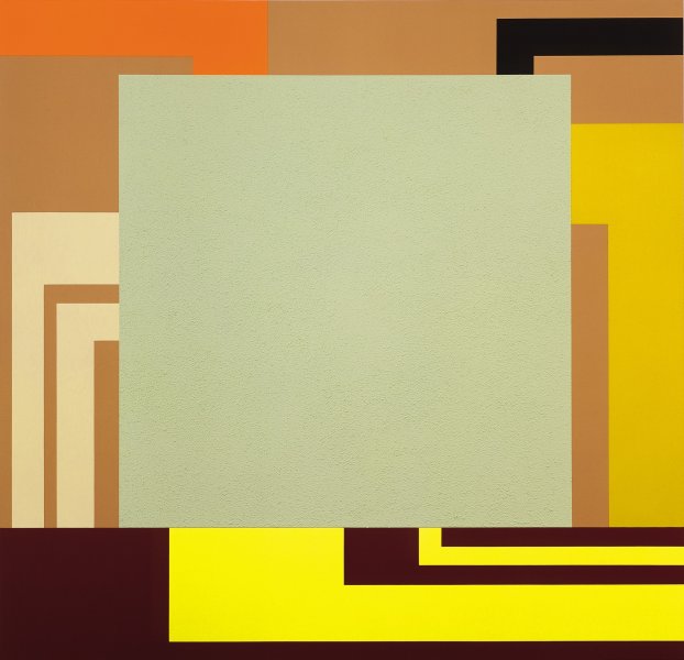 A light gray-green square sits slightly above center and fills much of this square canvas. L shapes of varying widths in cream, burnt orange, black, and mustard yellow extend from the square into the taupe-colored margins above and to the left and right of the square. Two additional brighter yellow L shapes, one dramatically thicker than the other, extend from the square into the burgundy-colored margin below the square.