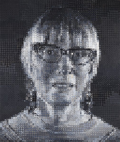 This large-scale portrait is painted in grayscale with a nearly all black background. A grid pattern covers the entire surface, and diamonds, ovals, circles, and other geometric shapes fill each square. From a distance, these patterned coalesce into a woman’s face and upper shoulders; the effect is similar to a pixelated photograph. The woman has short hair, cat-eyed glasses, dangly earrings, and she wears a shirt with a rounded collar.