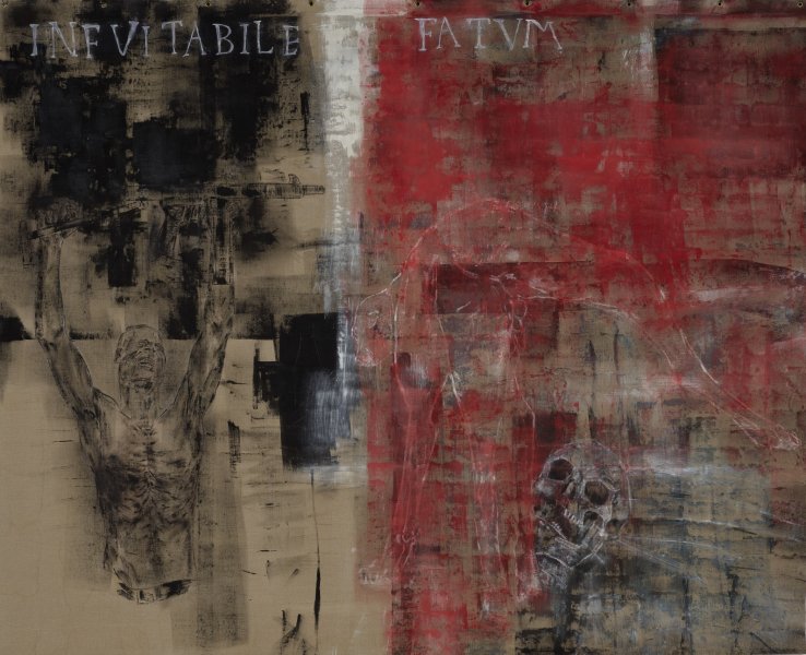 Much of this canvas, especially the top portion, is covered in rough patches of thinly applied black and red paint. A white mark extending from the top of the canvas divides it roughly in half; the black paint appears on the left side and the red on the right. This white mark also bisects the work’s title as inscribed in white paint along the top edge. The torso of a man, who appears to be suspended by his upstretched arms, appears in the bottom left.