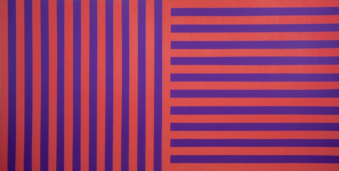 This large, horizontally oriented abstract painting is visually divided into two square portions. On the left, alternating red and purple stripes of the same width span the height of the canvas. On the right, stripes of the same color and size run horizontally from the right edge to the painting’s overall center. The lines formed by the stripes are very straight and even.