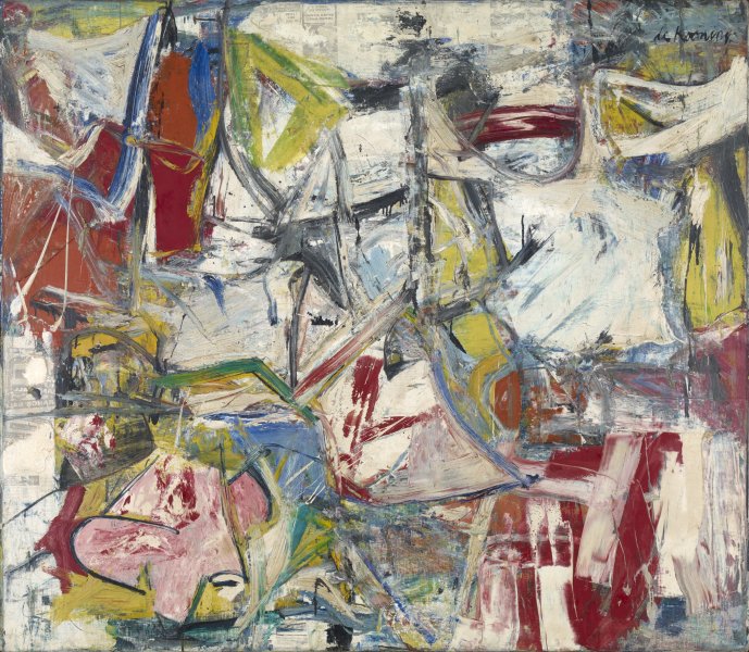 Thick jagged brushstrokes come together in an abstract composition covering this large-scale, horizontally oriented painting. Fields of red, and strokes of yellow, blue and black punctuate the largely white surface.