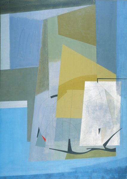 A series of roughly rectangular shapes of pale blue, green, yellow, and white layer over and under each other across the surface of this portrait-oriented oil painting. A loose geometric patterning in thin black pencil overlays some of the shapes near the bottom center. A small, bright red triangle pops out from near the bottom left corner.
