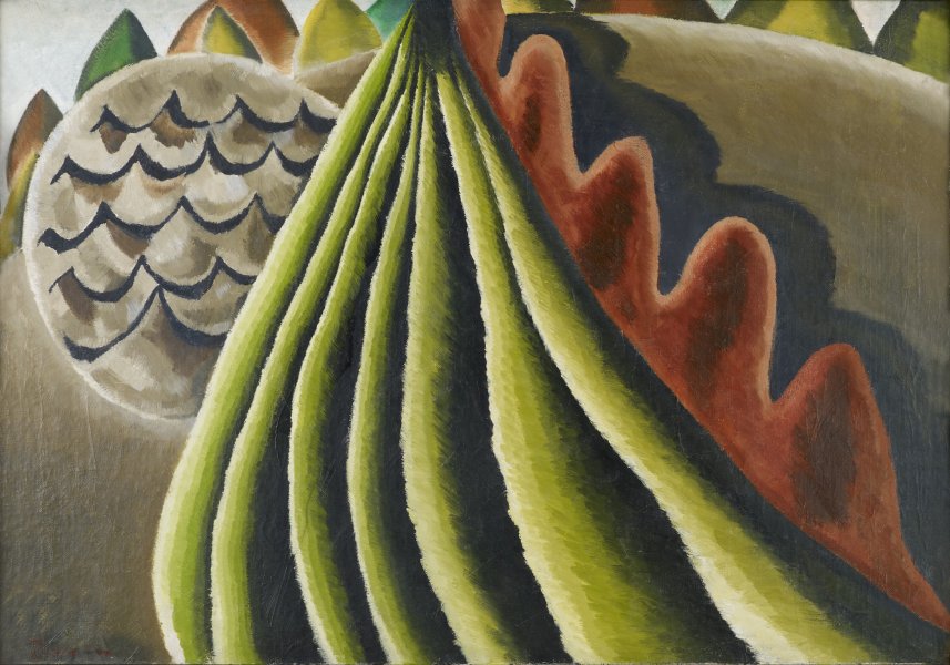 Geometric forms in different shades of red, green, and light brown shape this abstract landscape. A large green triangular shape stripped with seven black furrows, stretches from the middle of the top edge to the bottom-right corner and toward to the bottom-left corner. A dark red shape with a scalloped edge borders the right side of the triangle, and a light brown sphere patterned with five horizontal waves peeks out from behind the triangle’s left side.