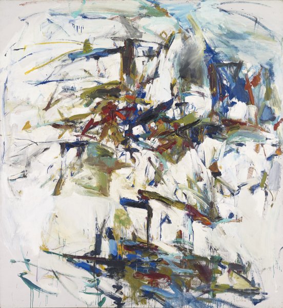 Large, energetic brushstrokes in green, brown, black, red, blue, and white cover portions of this abstract painting’s white background. These marks are primarily concentrated in two areas: in the top half of the canvas, especially in the center, and on its lower edge, especially in the center and toward the right corner.