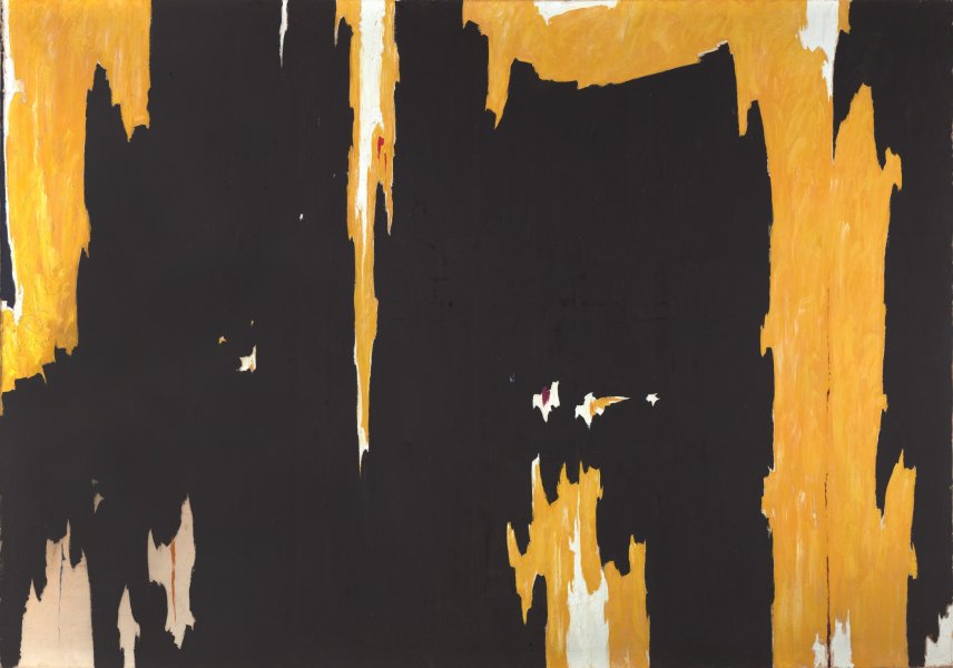 Yellow, jagged-edged forms tear through portions of this mostly matte black canvas. The largest of these forms runs the full height of the painting near its right edge. Each of the yellow streaks includes small areas of white, which most appear in the center of the form, flanked by larger areas of yellow. Three small patches of unpainted canvas are visible near the bottom-left corner.