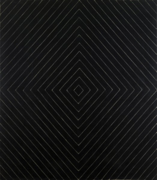A pattern of concentric, white diamond shapes fills this otherwise black canvas. The pattern extends from the paintings center at regular intervals of two and a half inches with the largest diamonds partially cut off at the work’s edges.