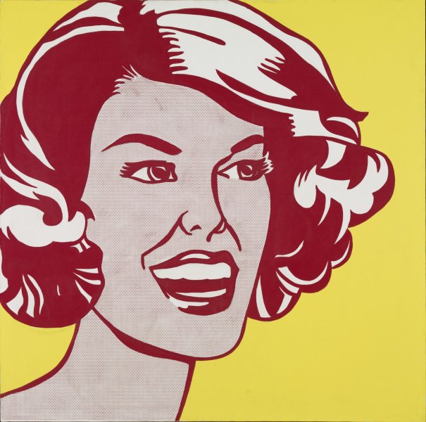 A woman’s head and neck, cleanly outlined like a classic comic book illustration, fills the majority of this large square canvas. This figure is painted in bright red and white against a solid yellow background. The woman looks toward the right and her large mouth is opened in a laugh. Shoulder length, loosely curled hair frames her face. Her skin is covered with a field of miniscule red dots in emulation of halftone printing.