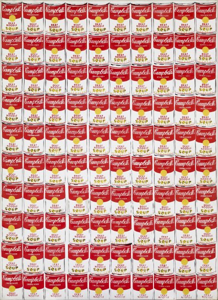The front-facing, red, gold, and white labels of one hundred cans of Campbell’s Condensed Beef Noodle Soup fill this vertically oriented canvas. The cans are organized in a tight grid of ten rows and ten columns. The bottoms of the last row of cans are cut off so that only the upper halves of these cans are visible.