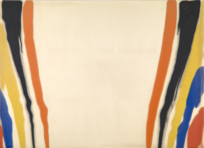Stripes of orange, black, yellow, blue, and red stream from the left and right sides of this large, horizontally oriented abstract painting. The stripes are thickest near the top of the canvas and grow thinner as they reach the bottom. A large expanse of raw canvas yawns between these colored passages.