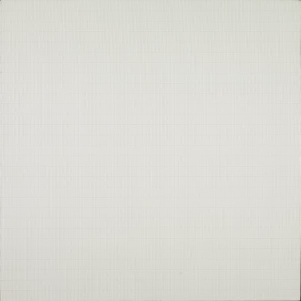 On a square white canvas, artist Agnes Martin drew by hand a dense grid using graphite pencil. When seen up close, minor irregularities in the grid, including the straightness of the lines and spacing between them, are visible. From a distance, the faint lines of the grid appear to blend into the white canvas.
