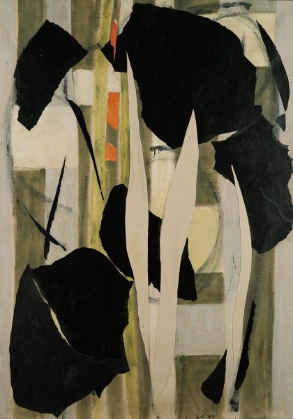 This vertically oriented canvas seems to contain three layers. Softly defined rectangles in shades of mottled green, white, and cream form the background. Six large, amorphous black shapes with ragged edges rest on top. Finally, three cream-colored slivers extend vertically from the base of painting on its right side. Near the top and to the left of these forms, three small orange shapes peep out from background.