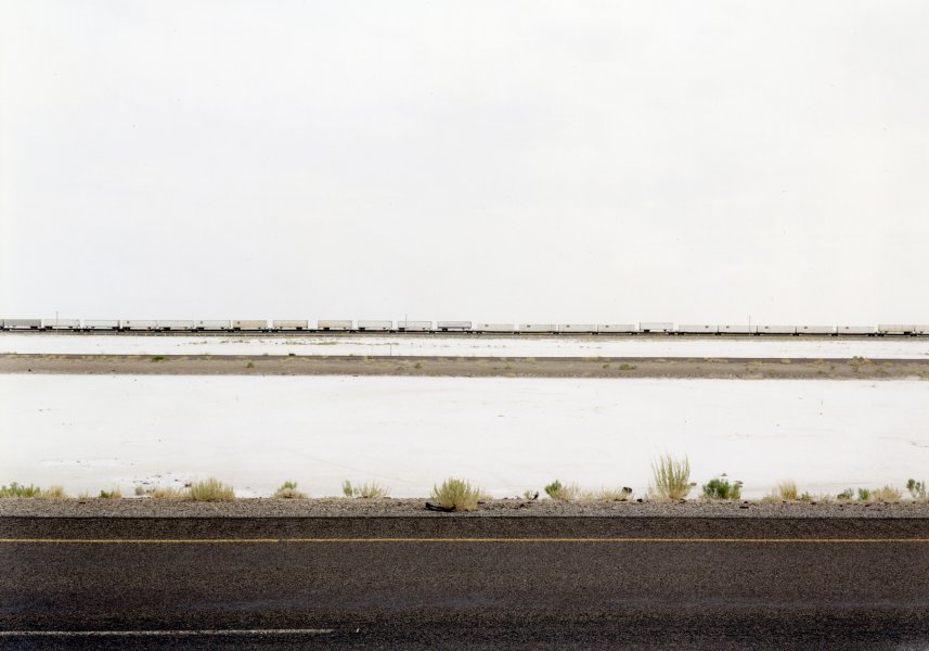 Untitled (white trains on salt flats, I-80, Great Salt Lake Desert, Utah)