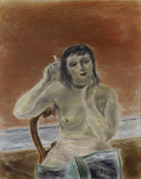This portrait features a Caucasian woman, nude to the waist, with shoulder-length brown hair and dark painted lips seen in three quarter view sitting on a chair. Her right arm rests on the top of the chair and is bent to bring her cigarette close to her head. A green-covered magazine is spread face-down across her lap. The pale figure is set in contrast with solid a rich salmon colored background.