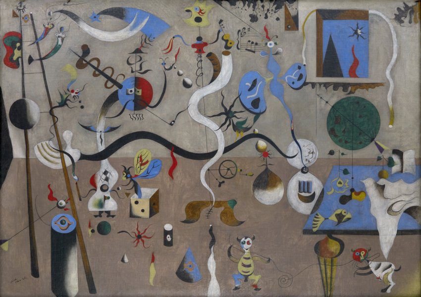 This painting features a beige-color room full of fantastical creatures performing music and acrobatics, and floating through the air. These colorful beings are shaped like musical instruments, insects, animals, and mermaids and interact with instruments, musical notes, a ladder, dice, unicycle, a shooting star, and other objects. A window at top right looks out onto a landscape, and beneath it is a table with a fish, a globe, and papers.