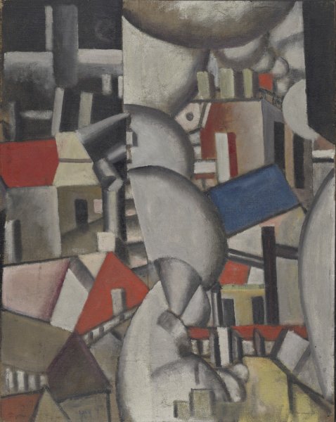 An assortment of geometric shapes resembling factories and homes and largely painted in neutral shades punctuated by pops of red, blue, and yellow fill this rectangular canvas in haphazard stacks. A sequence of semicircular shapes divides the canvas in half vertically, trailing off toward the upper-right corner. Painted in shades of gray with dark edges, this sequence of shapes appears to be the smoke of the work’s title.