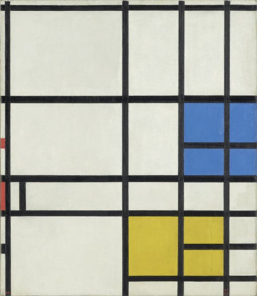 Solid black lines intersecting at right angles to trace a grid of differently sized squares and rectangles across the largely white surface of this painting. Four squares centrally located on the right edge are painted a vivid blue. Below and slightly to the right, three rectangles are painted yellow. Two narrow slivers of red emerge from the left edge of the canvas, slightly below center.