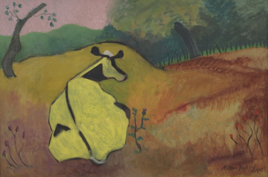 A bright yellow cow, seen from the rear, sits in a grassy field on the left side of this horizontally oriented canvas. On the right, a reddish path leads into a dense woodland, and above the cow on the left, a narrow rectangle of pink sky emerges behind rolling green hills. Short red flowers are visible in the foreground, and a single, scraggly tree juts out of the ground in the upper-left corner. The colors are soft and bright, suggesting a warm, sunny day.