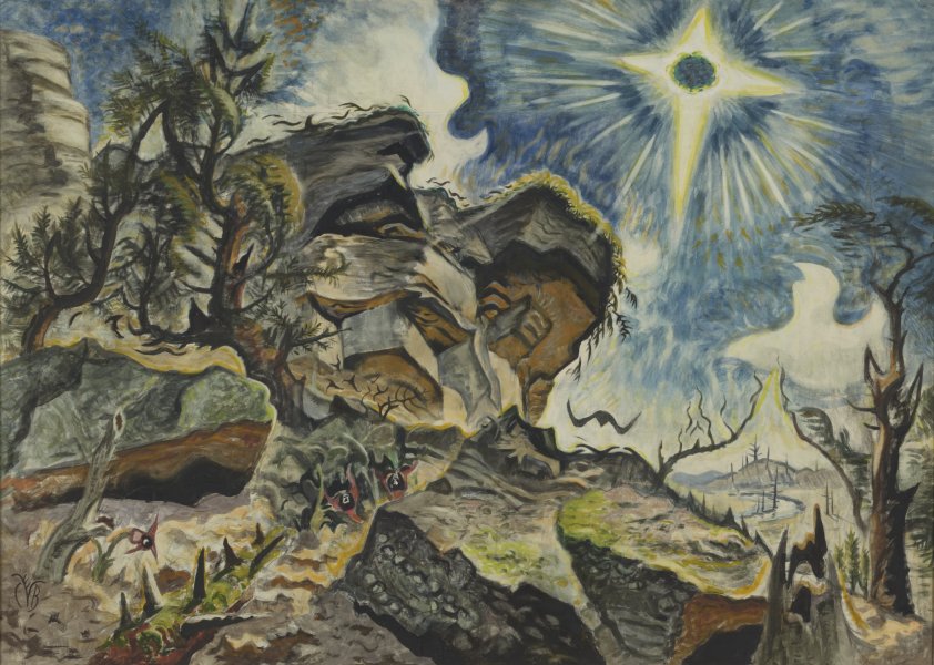 This landscape features a rocky mountain ledge dramatically lit by a large yellow four-pointed starburst that dominates the dark blue sky in the upper right corner of the painting. The rocky outcropping is painted with wavy lines in light and dark browns, reds, yellows, and grays. Scattered throughout the scene are thin-trunked pine trees with spiky foliage. A lone bird hovers above the rocky landscape. A stretch of barren land and a river are visible in the far distance in the bottom right corner.