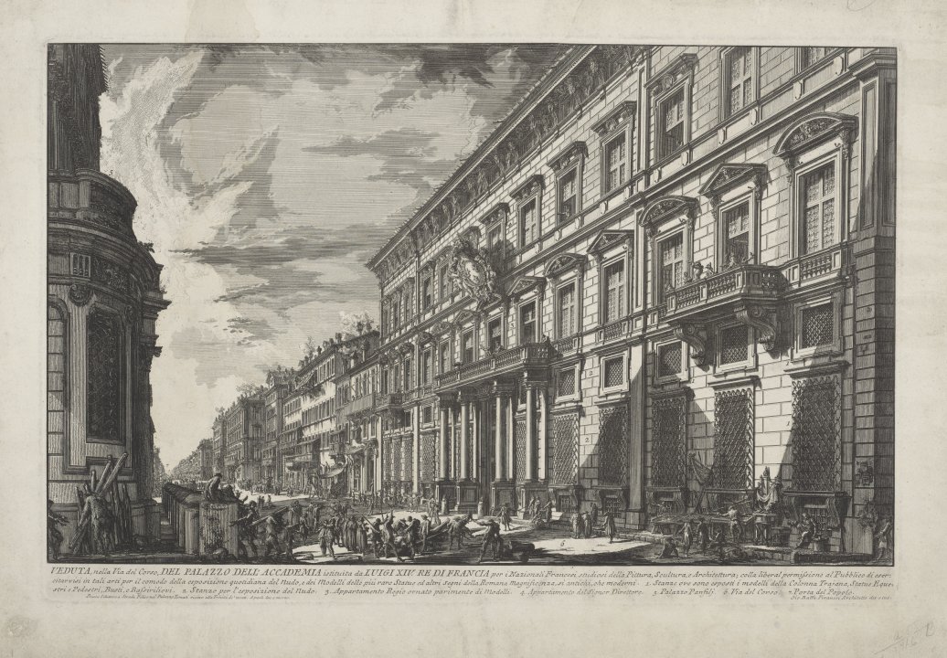 Veduta, nella Via del Corso, del Palazzo dell'Accademia (View of the French Academy [Palazzo Salviati-Mancini] on the Corso, Rome) from the series Vedute di Roma (Views of Rome)