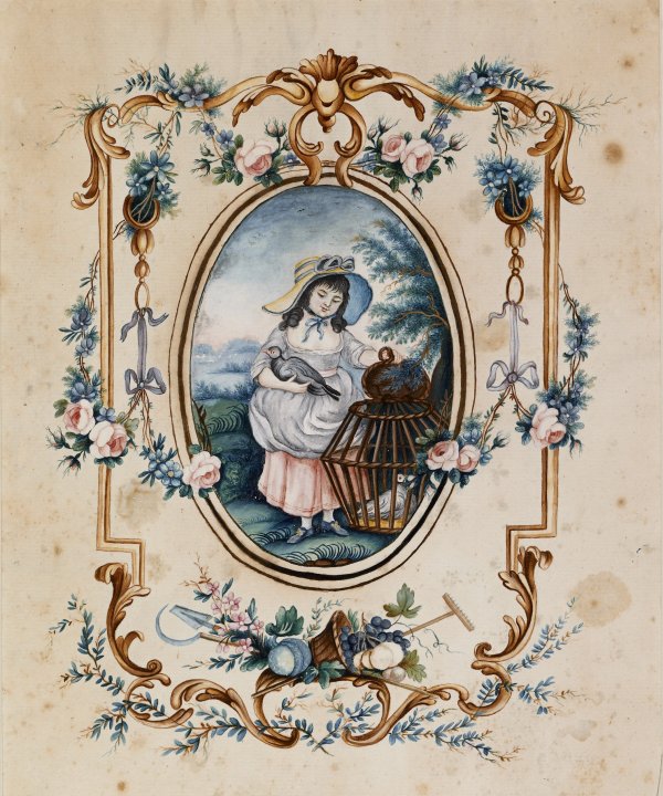 Girl with Birds in Wicker Cage