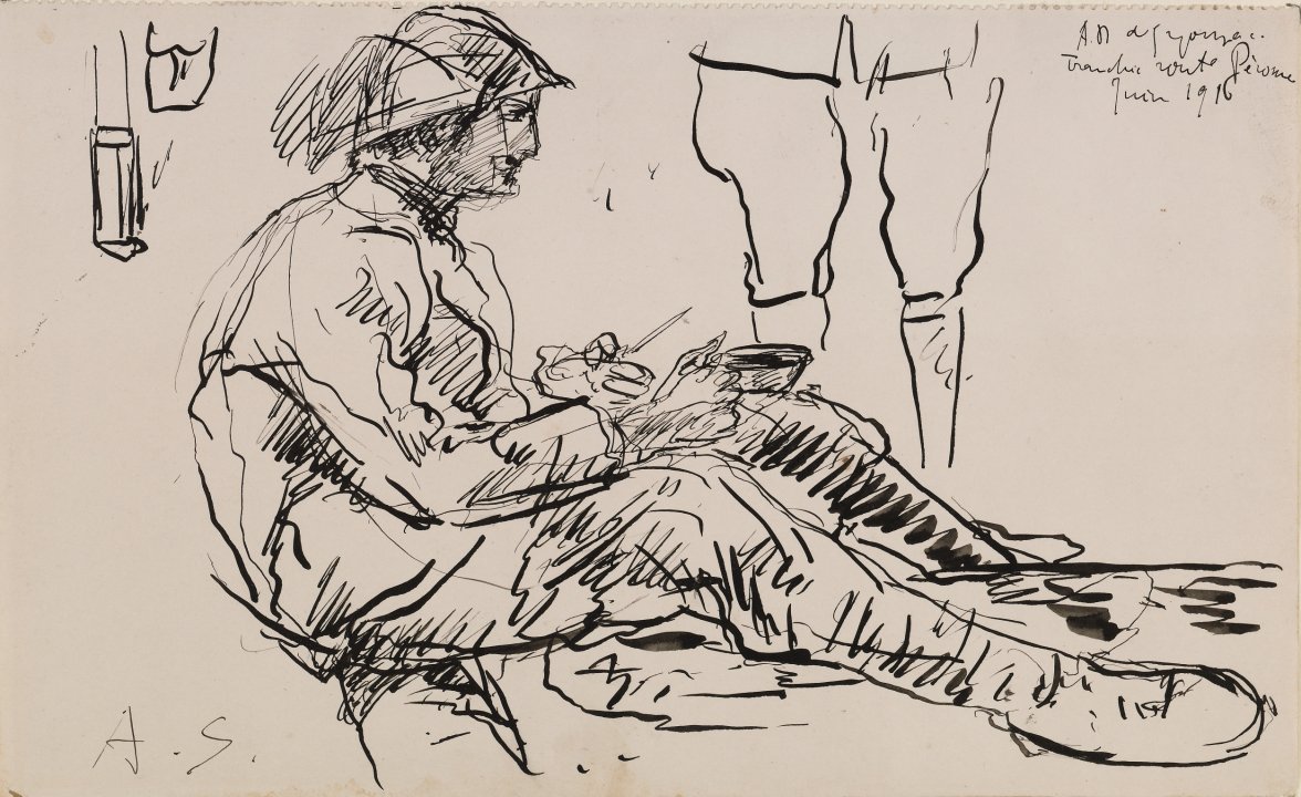 Seated Soldier Eating from the series Nine Drawings Made at the Front, World War I