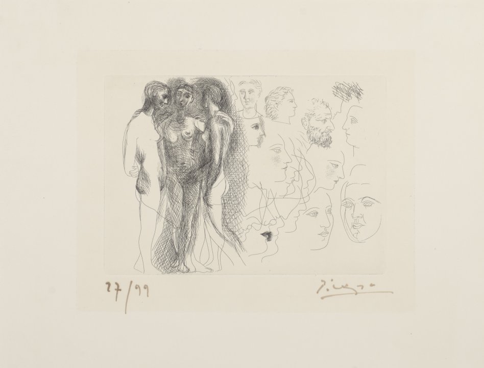 Three Standing Nudes with Sketches of Heads on the Right