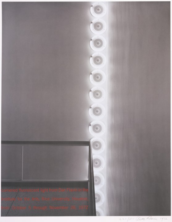 cornered fluorescent light from Dan Flavin in the Institute for the Arts, Rice University, Houston, from October 5 through November 26, 1972