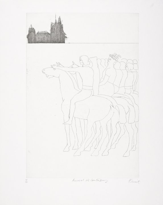 Arrival at Canterbury from a series of illustrations of Chaucer's Canterbury Tales