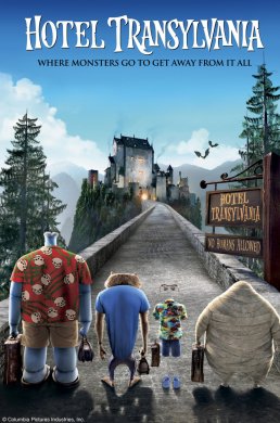 Movie poster of Hotel Transylvania with four monsters standing at the end of a long road leading to a large building in the distance