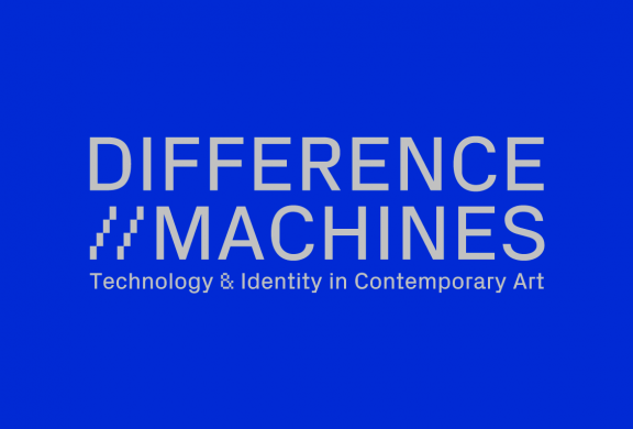 Graphic with "Difference Machines: Technology & Identity in Contemporary Art" in gray text on a bright blue background