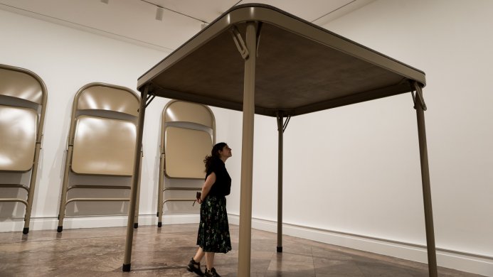 Installation view of Robert Therrien’s No title (folding table and chairs, beige), 2006