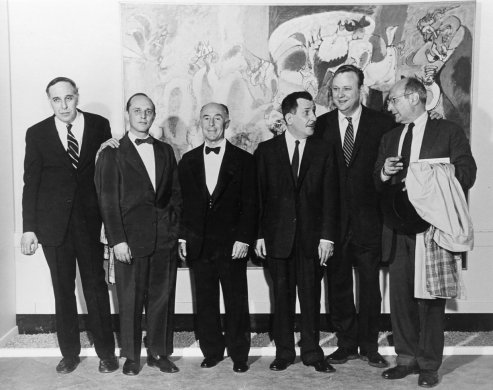 Philip Guston, Jimmy Ernst, Seymour H. Knox, Jr., Franz Kline, Robert Motherwell, and Mark Rothko at the May 15, 1957, Members' Opening of Contemporary Art: Acquisitions 1954–1957