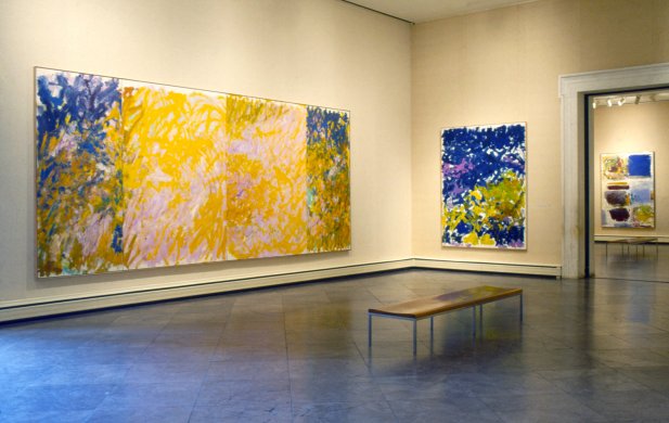 Installation view of Joan Mitchell, on view at the Albright-Knox, September 17–November 16, 1988. Blue Territory, 1972 (Collection Albright-Knox Art Gallery; Gift of Seymour H. Knox, Jr., 1972. Conservation funded by grant from the Bank of America Art Conservation Project) is at far right