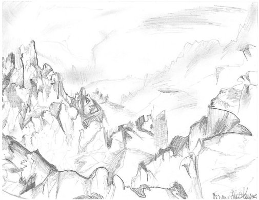 Pencil drawing of a rocky landscape