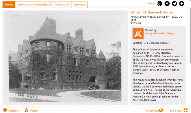 Screenshot of the Gratwick House on the Albright-Knox Art Gallery's Historypin channel