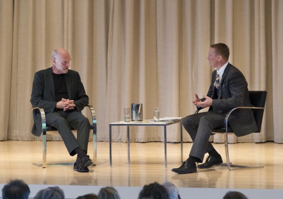 Anselm Kiefer in conversation with Peggy Pierce Elfvin Director Janne Sirén on stage in the Albright-Knox's Auditorium