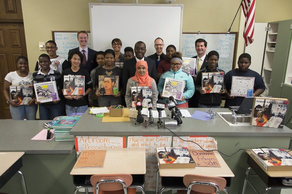 Students holding their new art kits at the Buffalo Elementary School of Technology #6