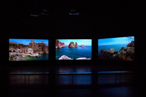 Installation view of Videosphere: A New Generation featuring Isaac Julien's WESTERN UNION: Small Boats, 2007