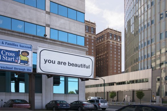 Matthew Hoffman's You Are Beautiful billboard at Mohawk Street and Elmwood Avenue in Buffalo