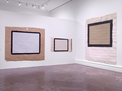 Installation view of Yellow Movie 2/23–24/73, 1973, Yellow Movie 2/2/73, 1973, and Yellow Movie 4/3/73, 1973, in Introducing Tony Conrad: A Retrospective (Albright-Knox Art Gallery, March 3–May 27, 2018)
