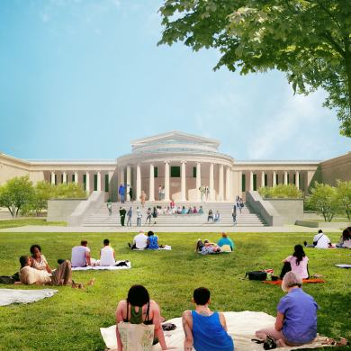 Rendering of a large stone museum building with pillars and grand steps and a large lawn with people scattered throughout