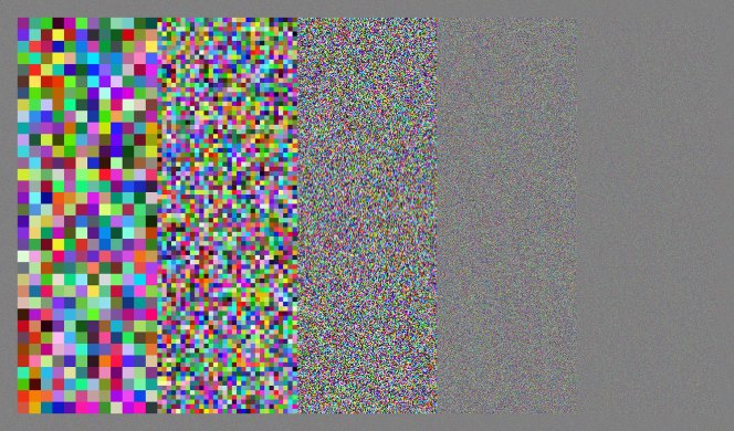 Multicolored pixels span an image from left to right, from large distinct pixels on the left to smaller pixels on the right