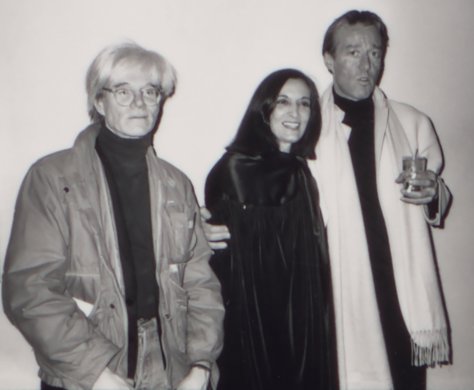 Black and white photo of artists Andy Warhol, Marisol, and Roy Halston Frowick