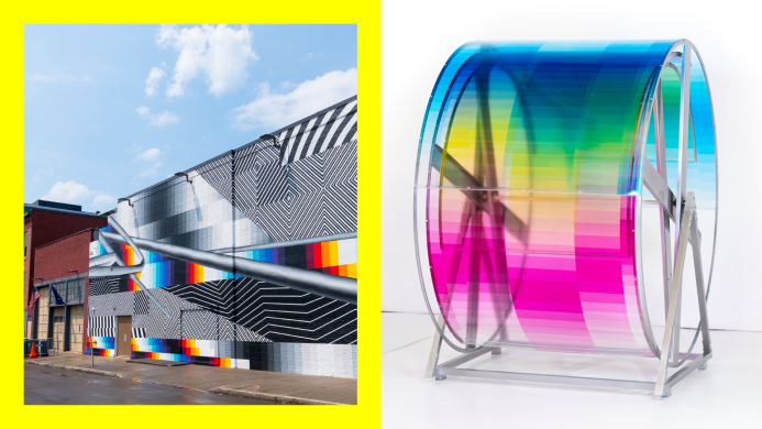 Image on the left shows the building exterior with a unique ribbon-like architectural design and vibrant patterns. Image on the right features a colorful, transparent/rotating tunnel structure. 