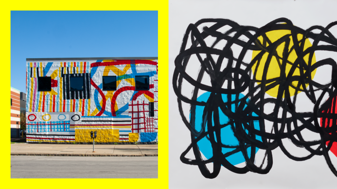 Left image installation view of a vibrant abstract mural and the right image is a close up sketch of the design. 